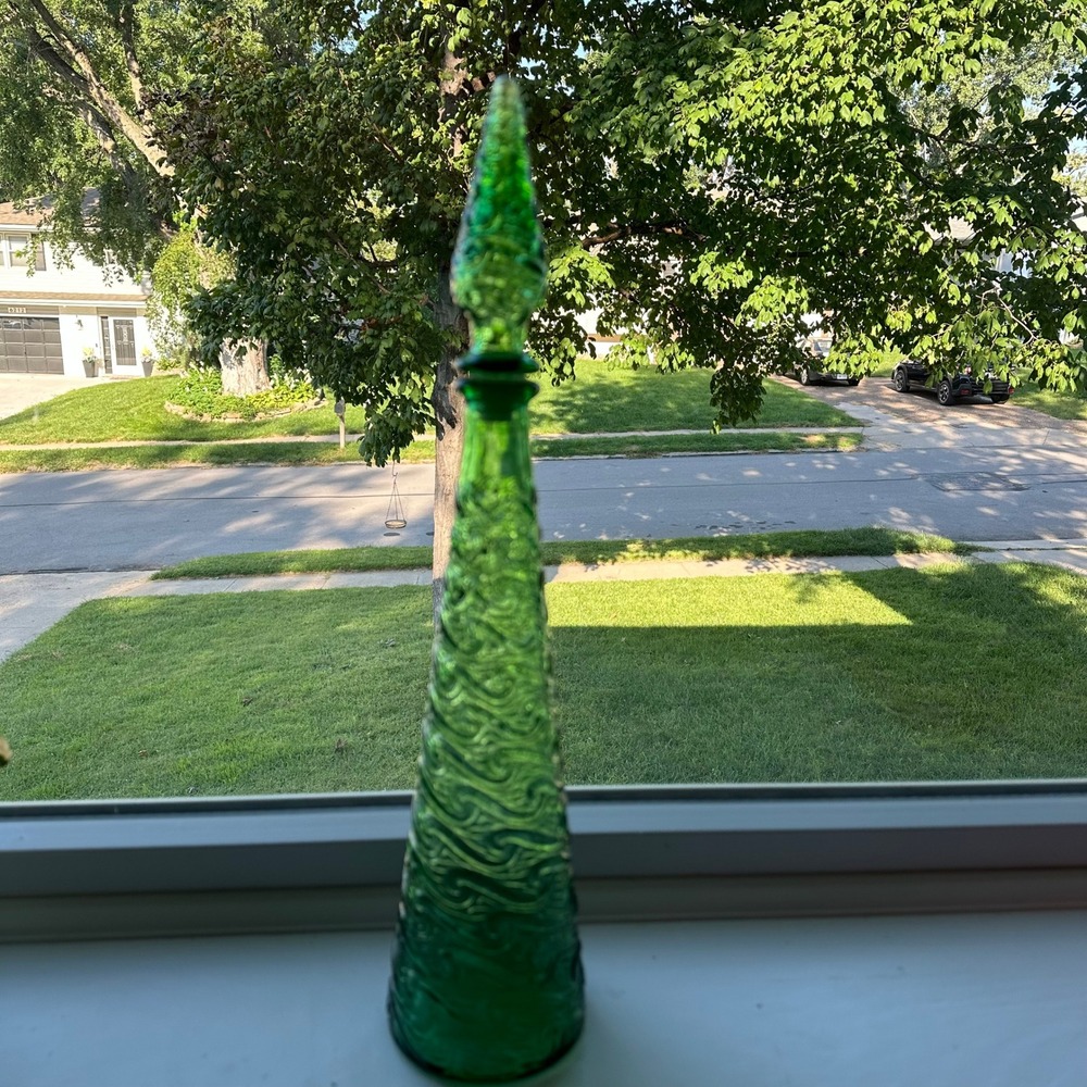 Vintage Italian Emerald Green Glass Decanter Swirl Textured Bottle with Stopper